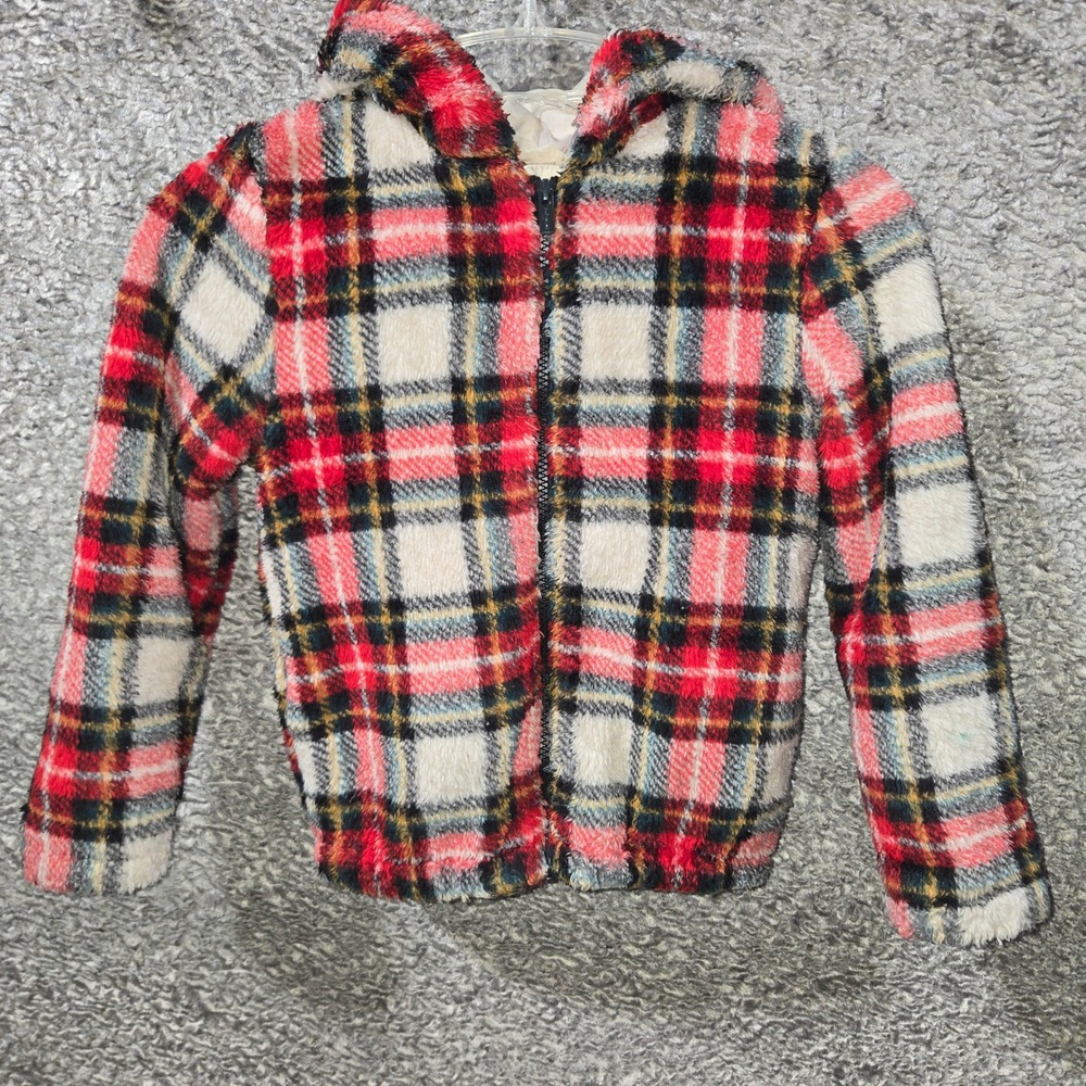 Old Navy Kids Red White Tartan Plaid Hooded Elmo Fleece‎ Jacket Sz M 8 807714-00
